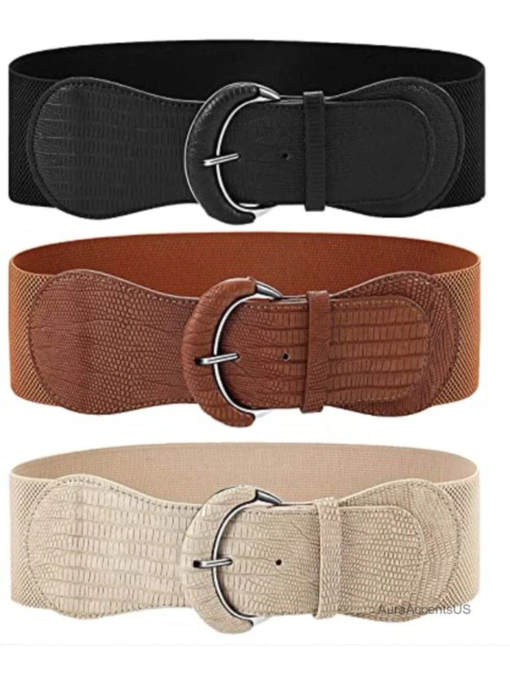 3 Piece Women's Wide Elastic Leather Waist Belts with Metal Buckle